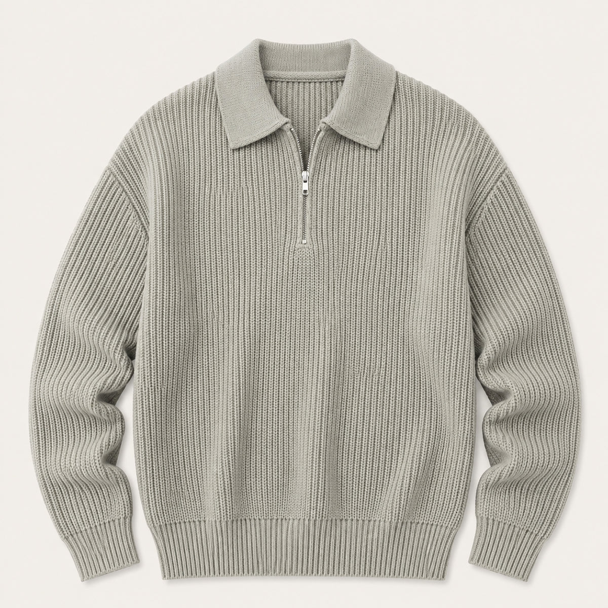 Light gray men’s half-zip knit sweater with ribbed stand collar and zipper.