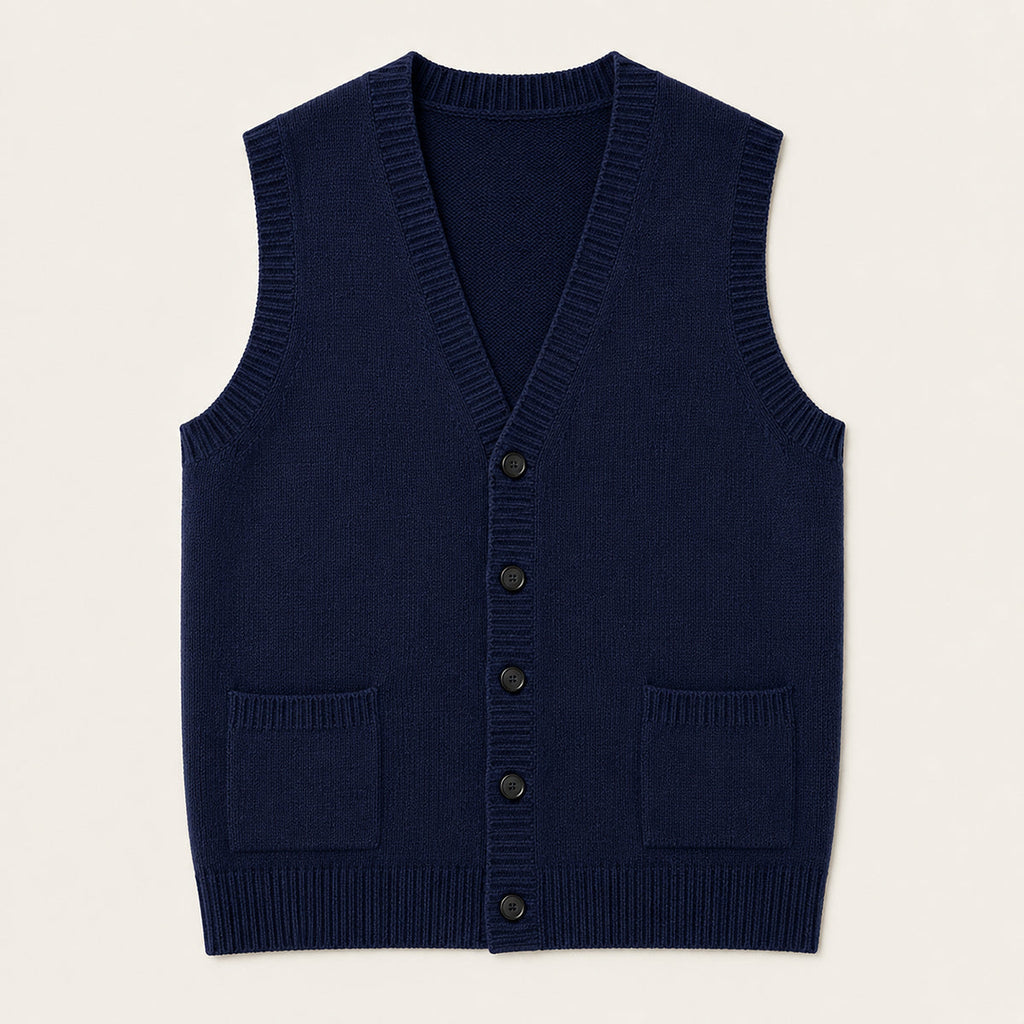 Navy blue knit button-front vest with V-neck and two front patch pockets