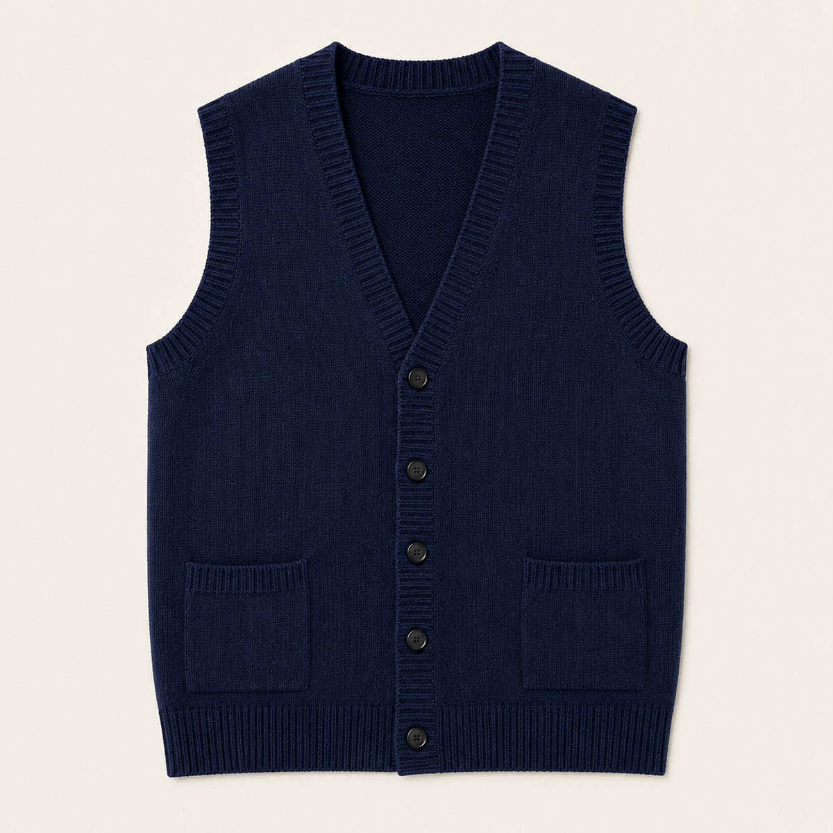 Navy blue knit button-front vest with V-neck and two front patch pockets