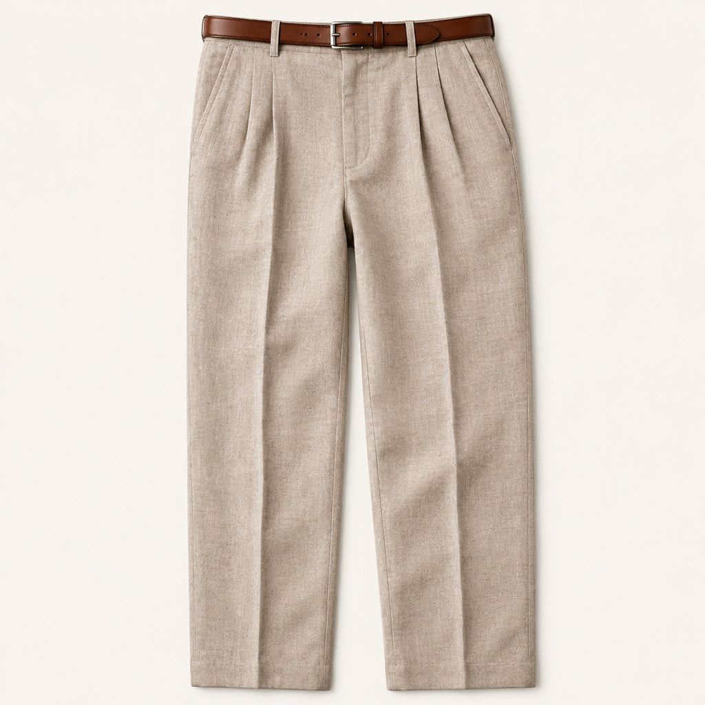Men's beige vintage pleated straight pants with belt loops and button closure
