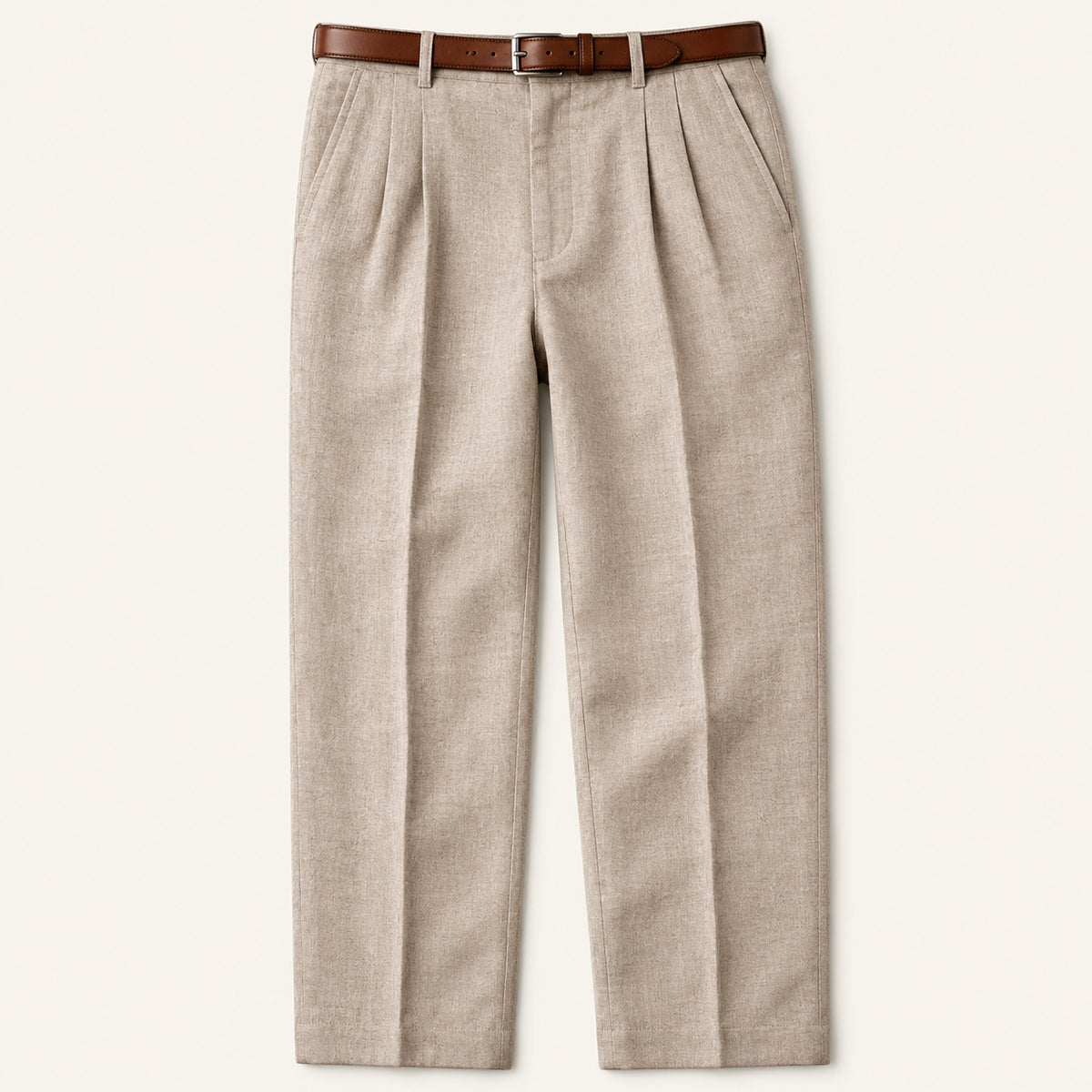 Men's beige vintage pleated straight pants with belt loops and button closure