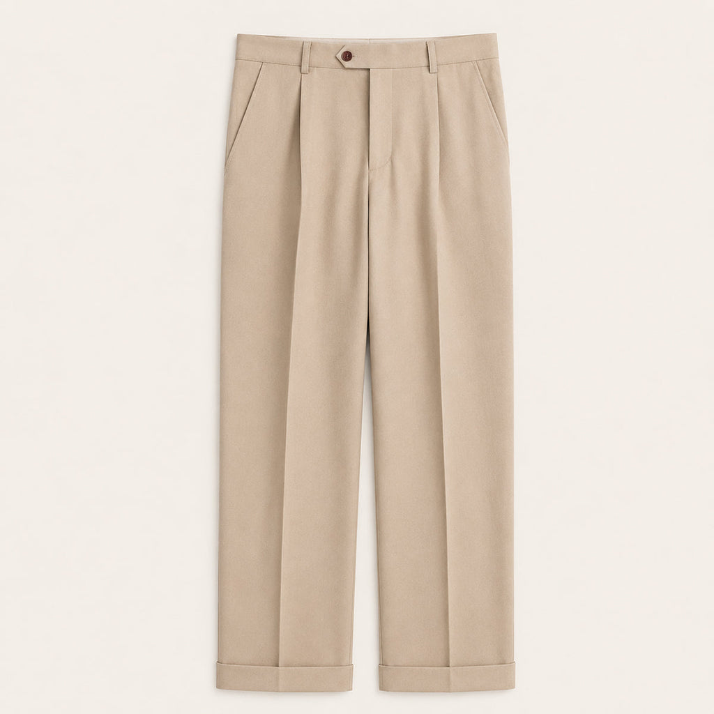 Men’s khaki dress pants with pleated front, belt loops, and button closure