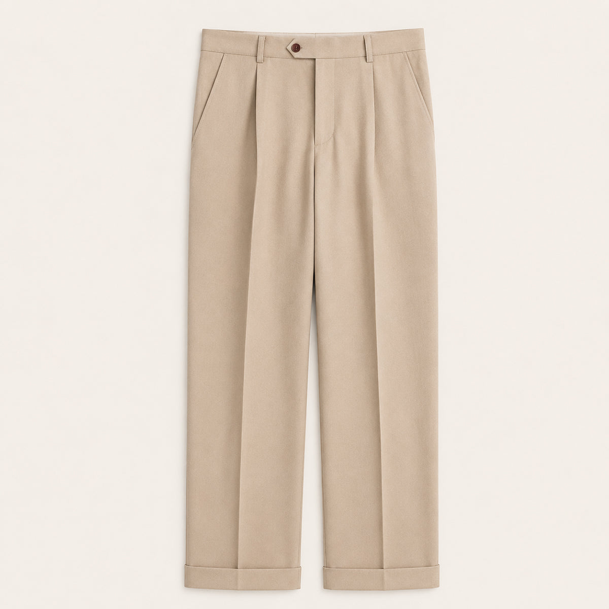 Men’s khaki dress pants with pleated front, belt loops, and button closure
