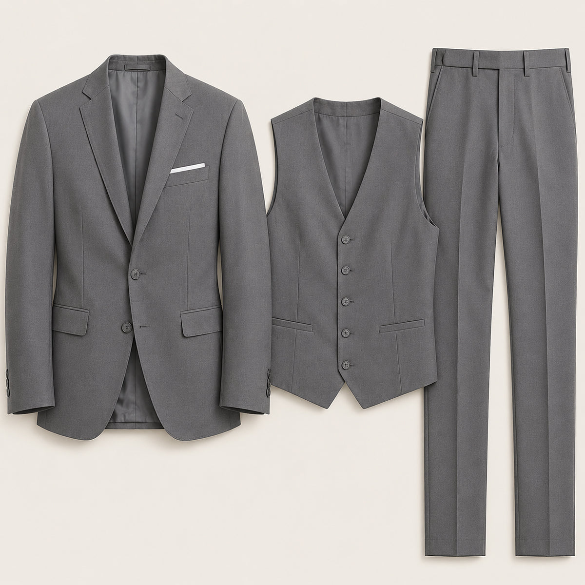 Men's dark gray 3-piece suit set with blazer, waistcoat, and tailored trousers