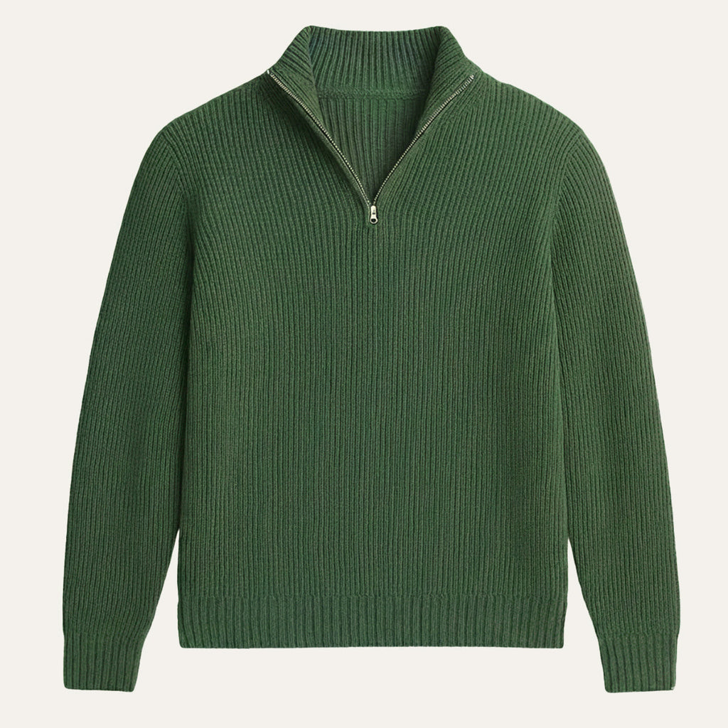 Men's cashmere half-zip sweater in green, ribbed knit with zip placket