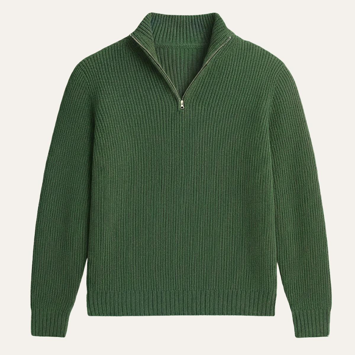 Men's cashmere half-zip sweater in green, ribbed knit with zip placket