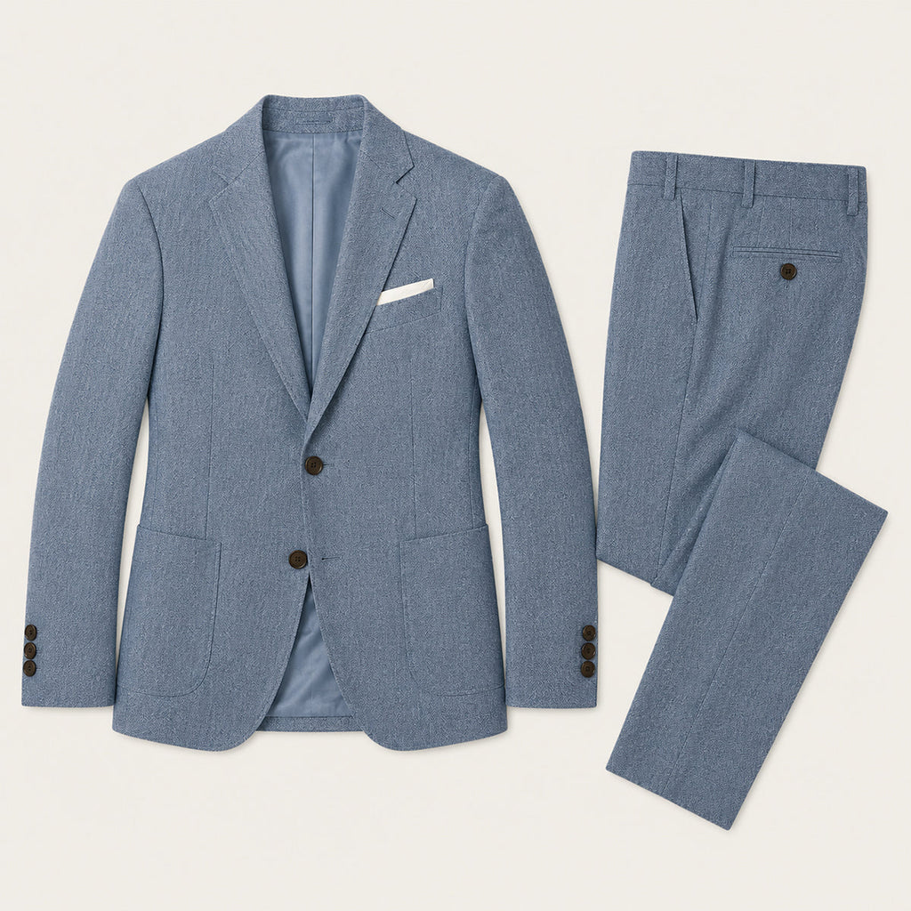 Light blue slim-fit two-piece suit set with matching blazer and dress pants
