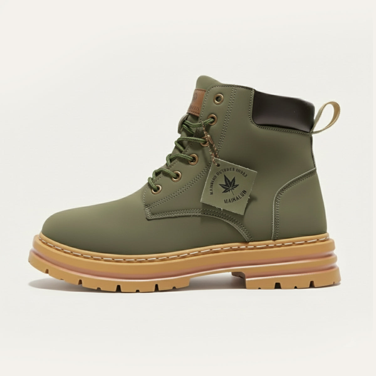 Men’s fur-lined insulated snow boots in olive green, lace-up with padded ankle collar