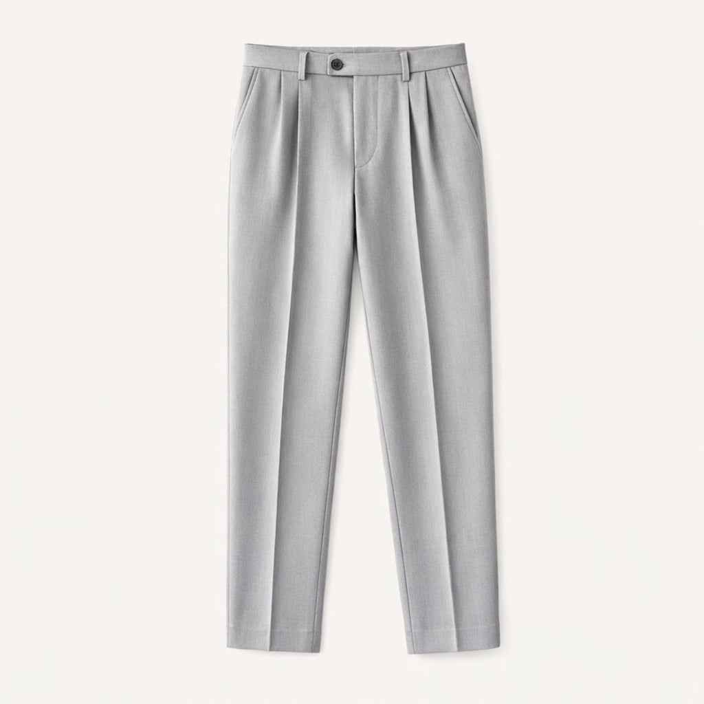Men's light gray pleated tailored pants with belt loops and button closure.
