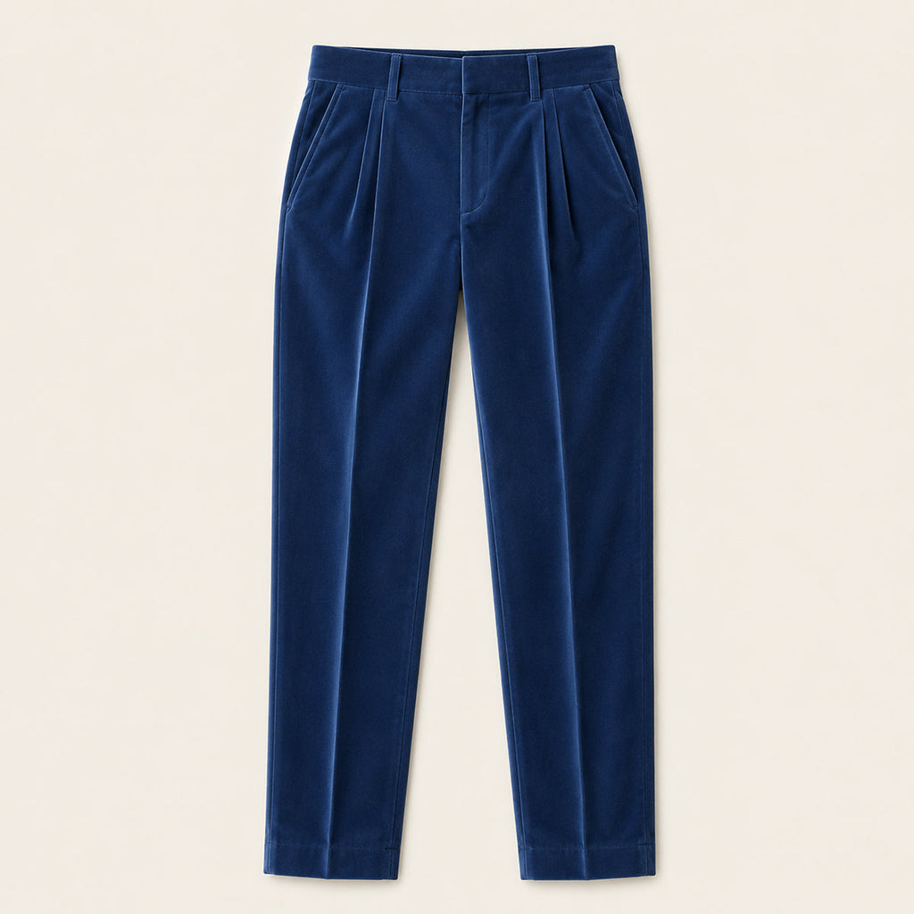 Men's dark blue velvet straight-fit pants with pleated front and straight legs
