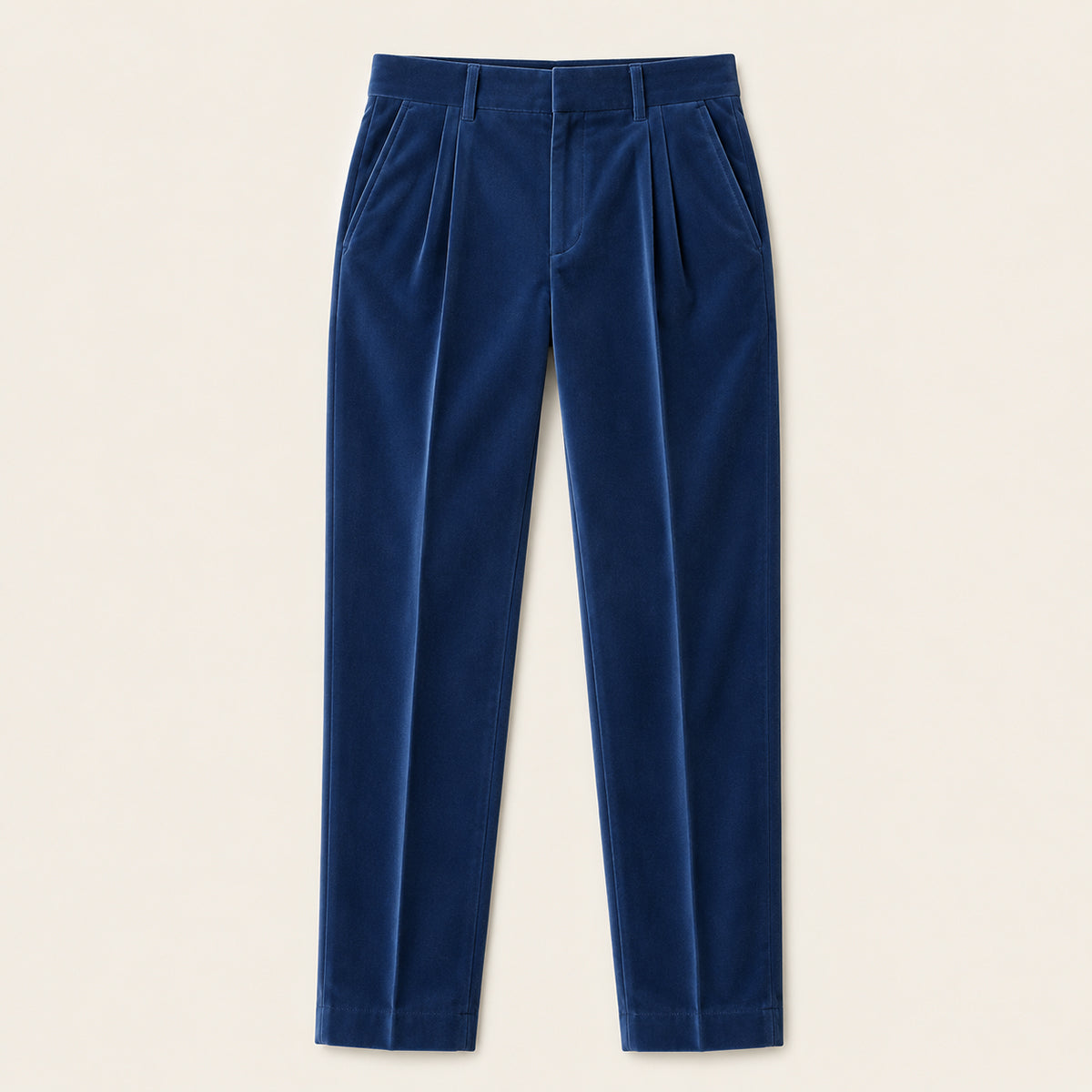 Men's dark blue velvet straight-fit pants with pleated front and straight legs