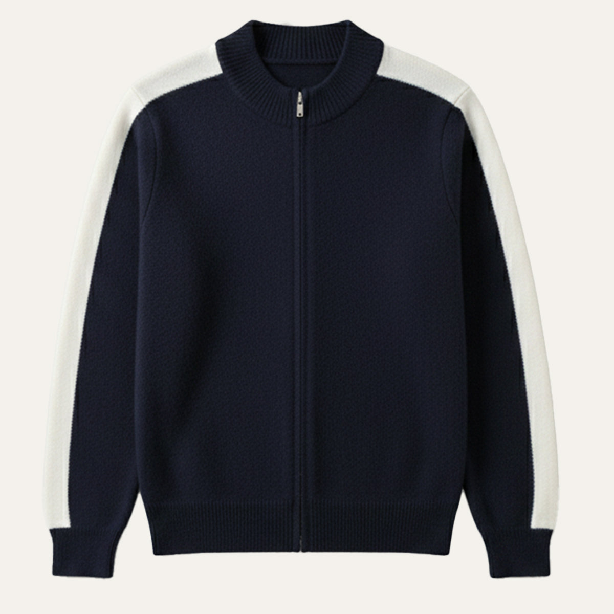 Men's cashmere zip-front sweater in navy with contrasting white side stripes