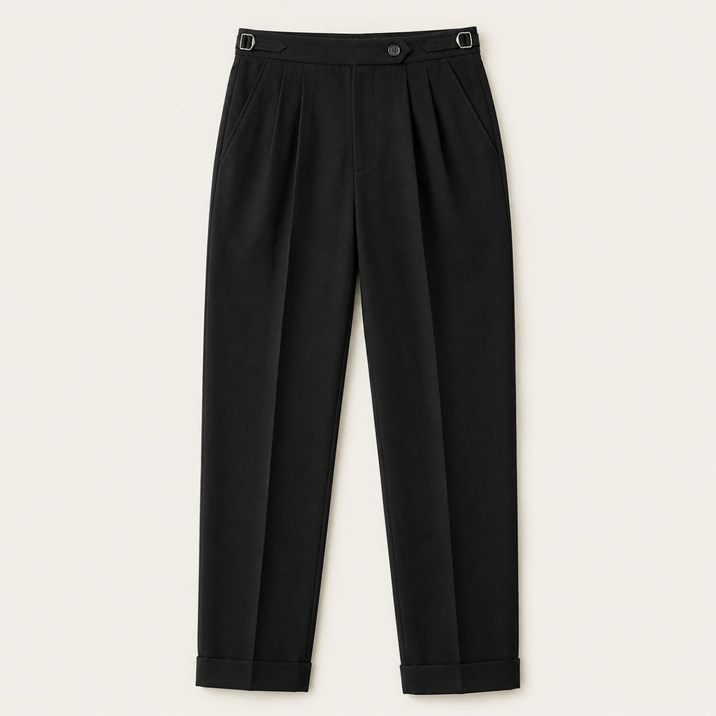 Black high-waist double-pleated pants with belt loops and button closure, cuffed hem.