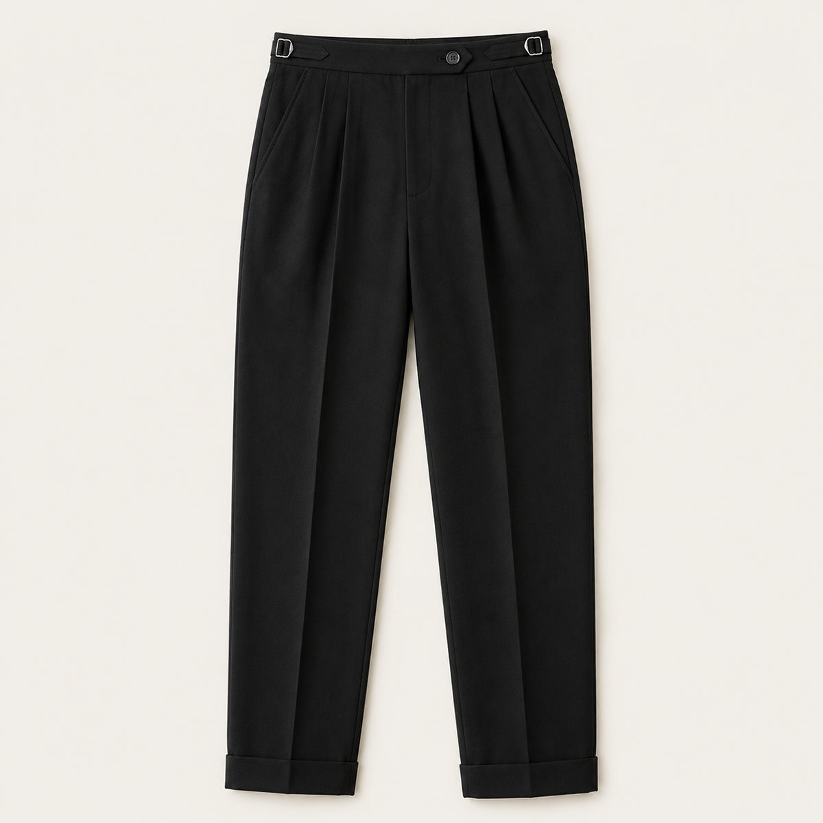 Black high-waist double-pleated pants with belt loops and button closure, cuffed hem.