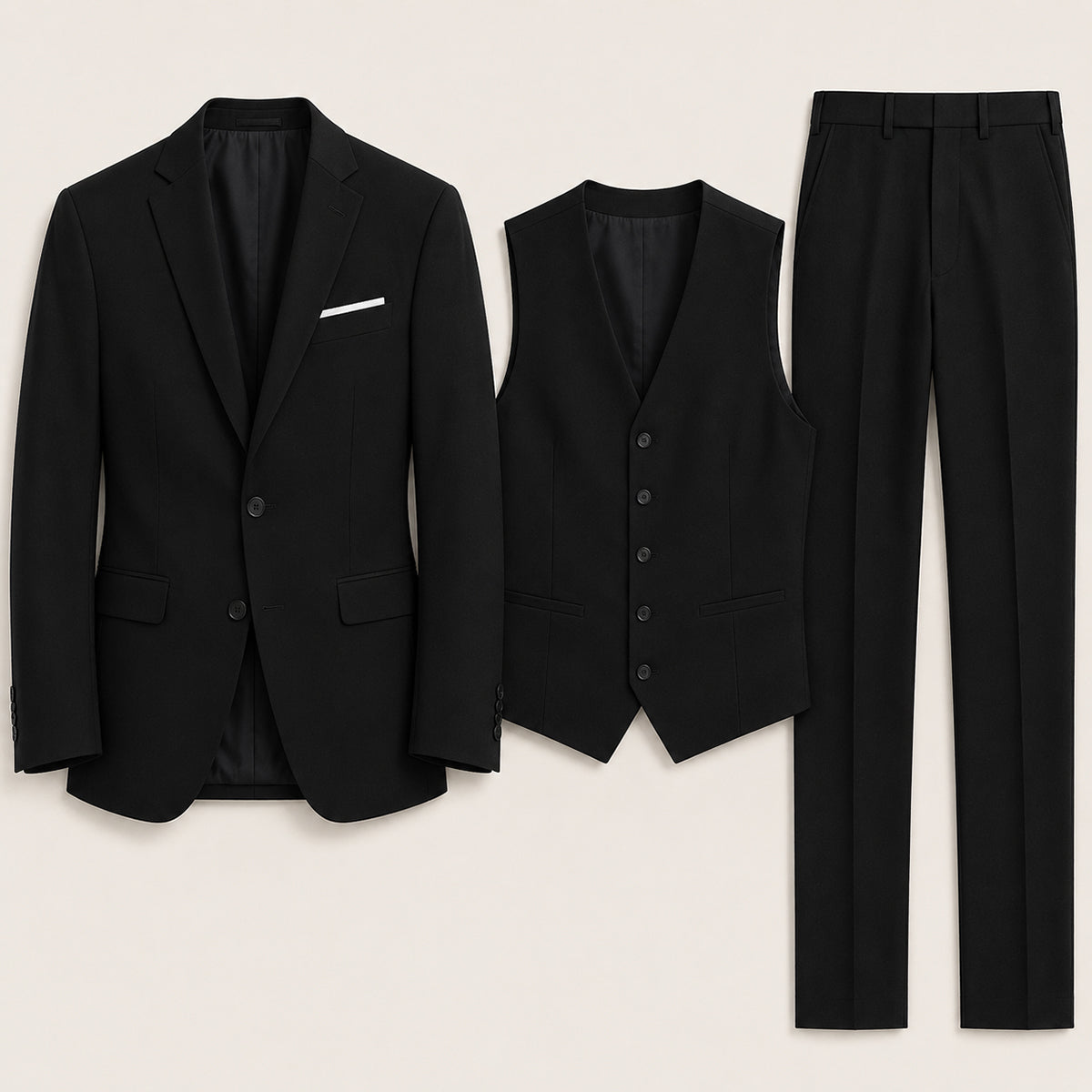 Men's black 3-piece suit set with blazer, waistcoat, and straight-leg trousers