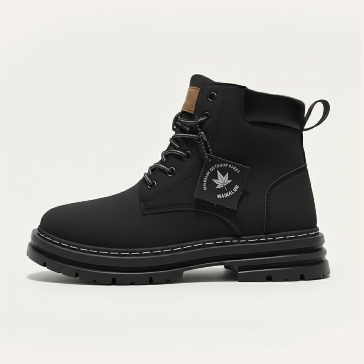 Men's black fur-lined snow boots, lace-up with padded collar and treaded sole