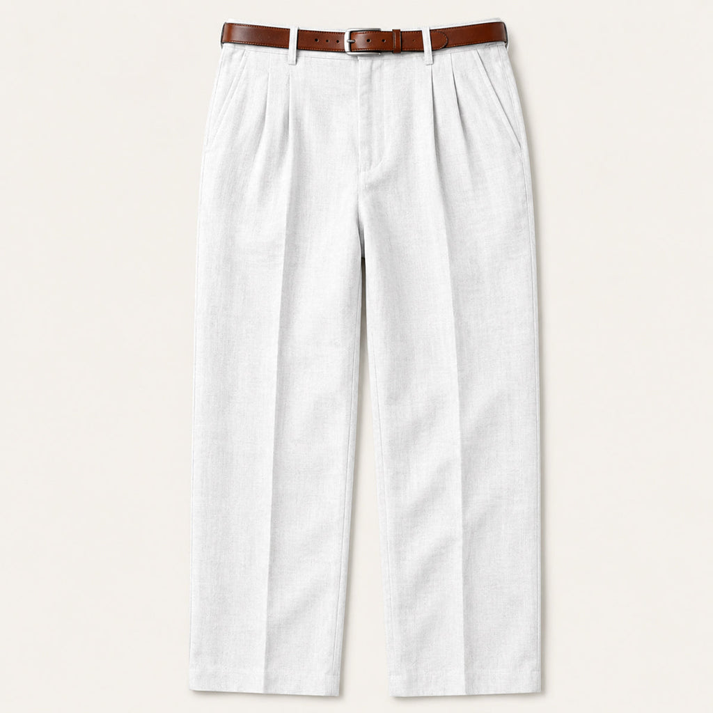 Men's white vintage pleated straight pants with belt loops and button closure