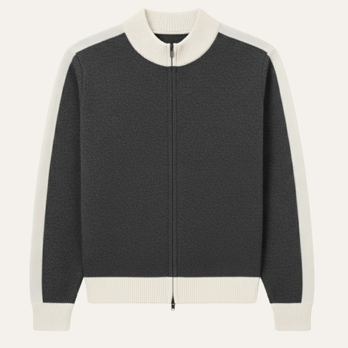 Men's cashmere zip-front sweater in dark gray with cream ribbed hem and zipper placket