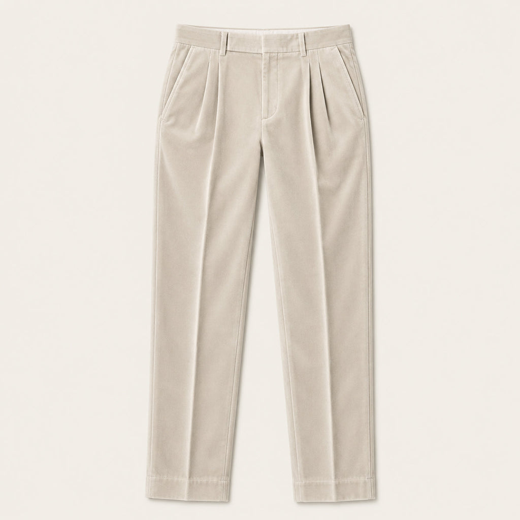 Men's light cream velvet straight-fit pants with belt loops and front crease