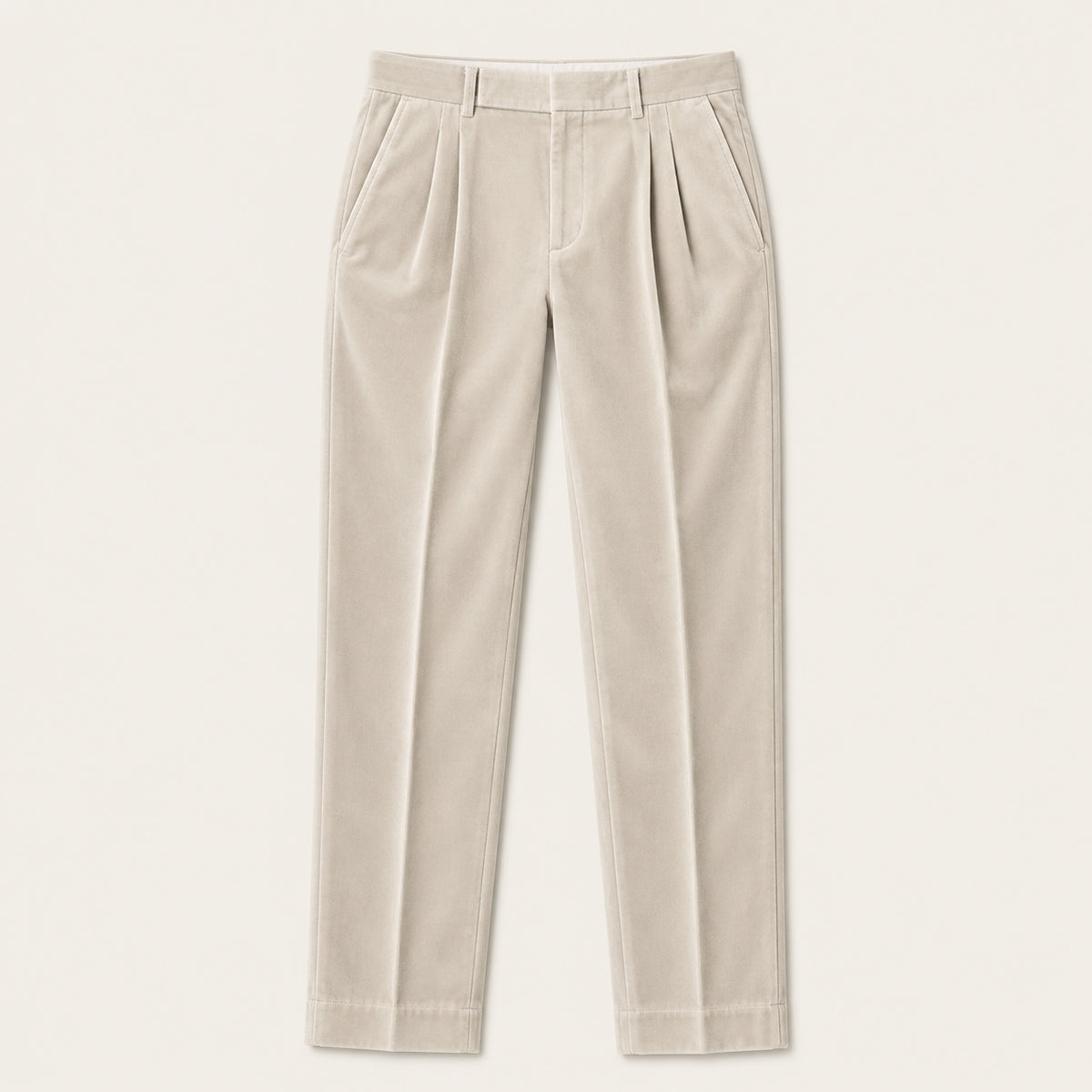 Men's light cream velvet straight-fit pants with belt loops and front crease