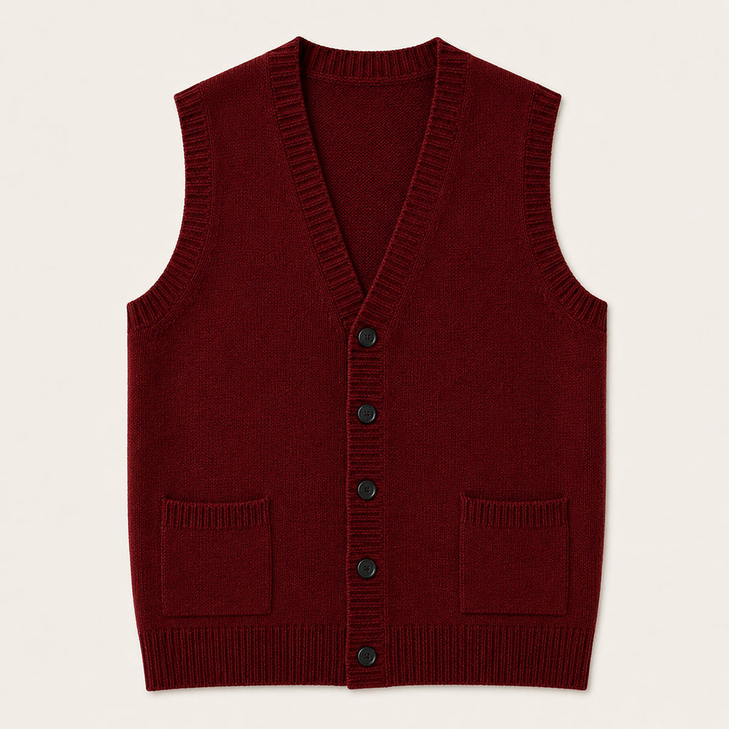 Red knit button-front vest with V-neck and two front patch pockets