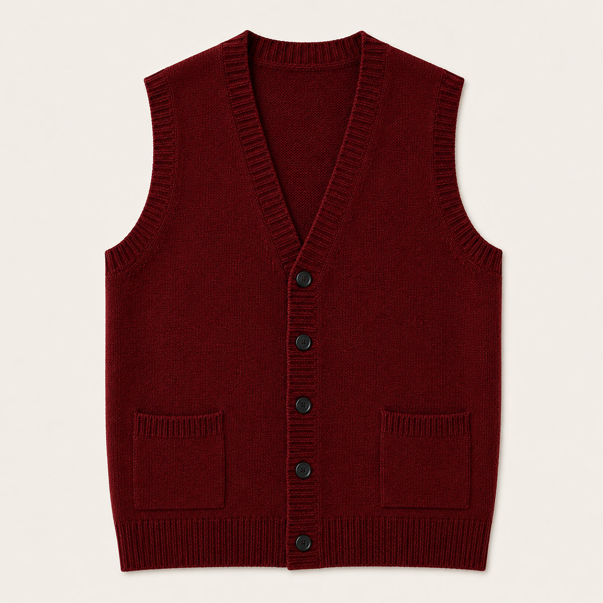 Red knit button-front vest with V-neck and two front patch pockets