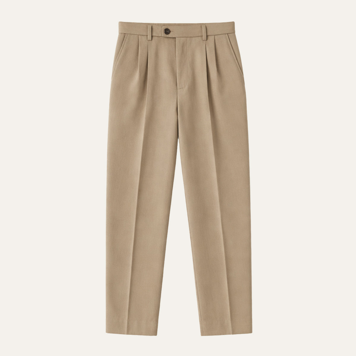 Men's beige pleated tailored pants with belt loops and button closure.