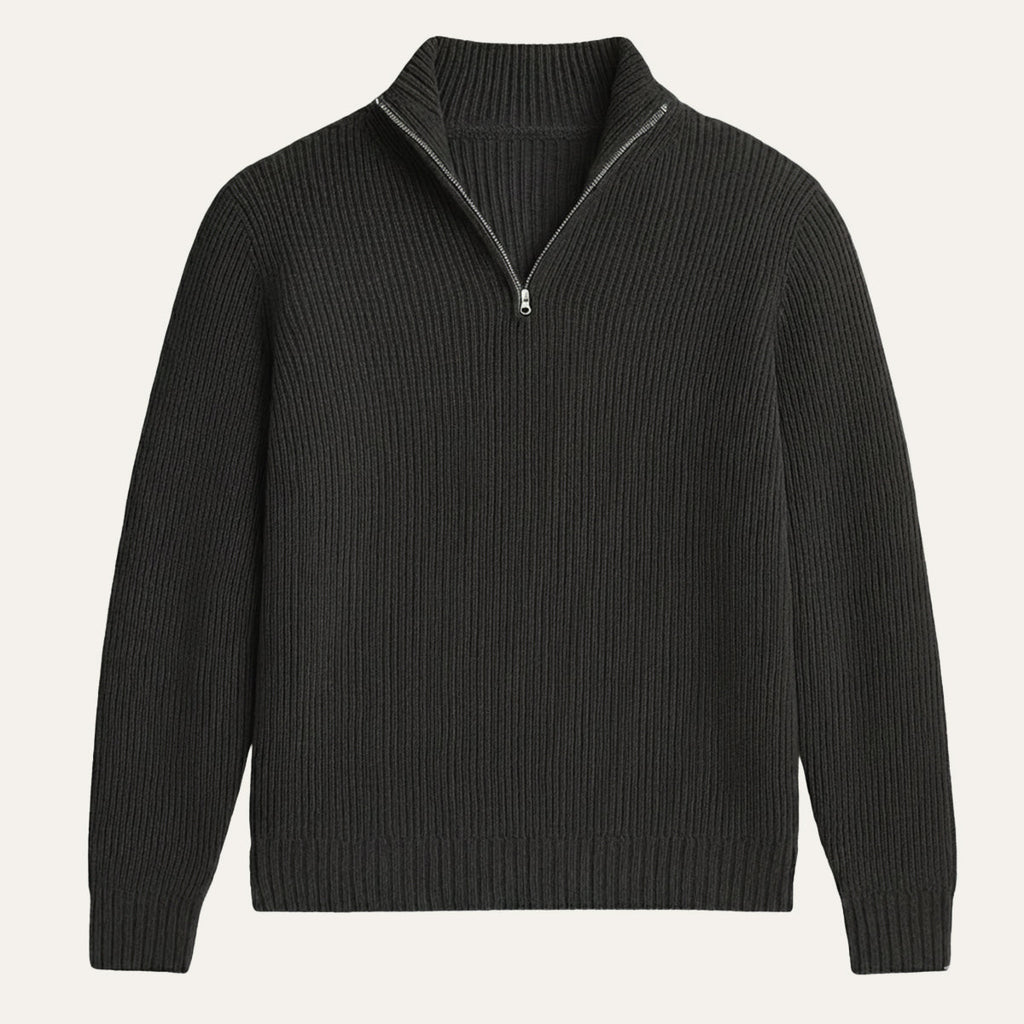 Charcoal half-zip sweater front view with ribbed knit and stand collar
