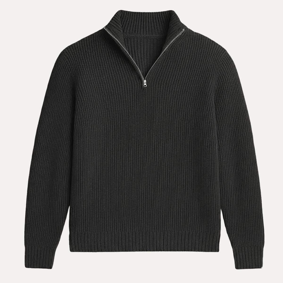 Charcoal half-zip sweater front view with ribbed knit and stand collar