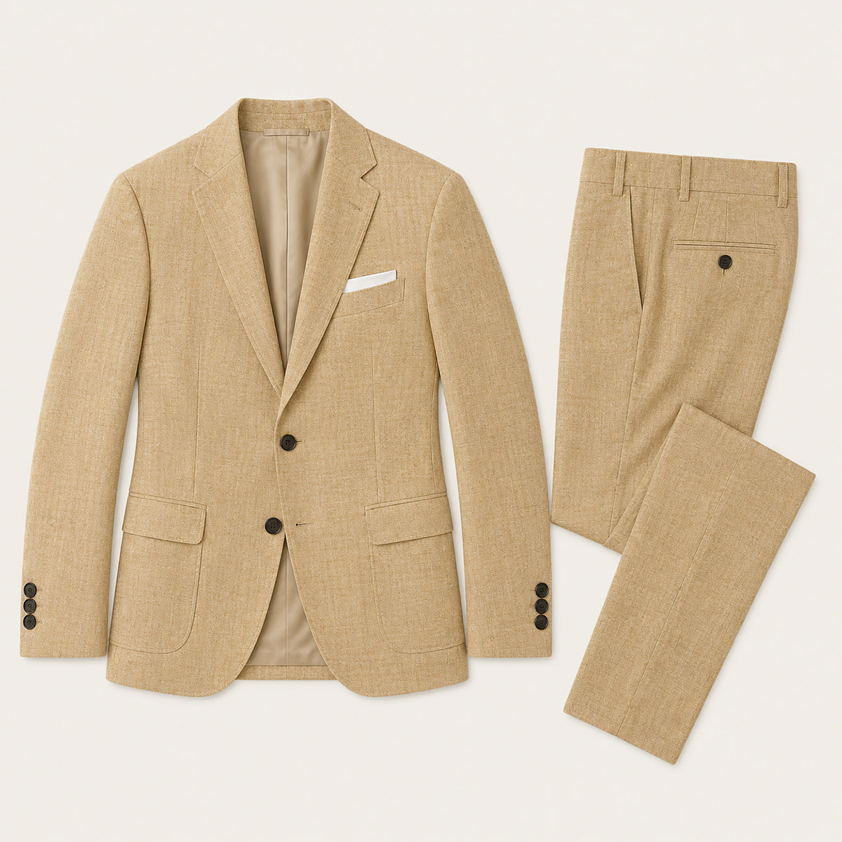 Beige two-piece slim fit suit set with matching blazer and trousers