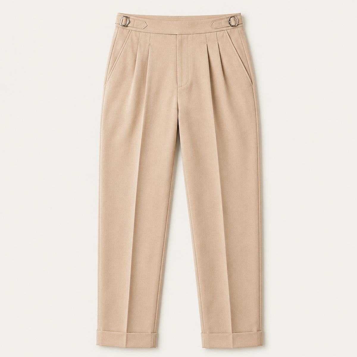Apricot high-waist double-pleated pants with belt loops and button closure, cuffed hem.