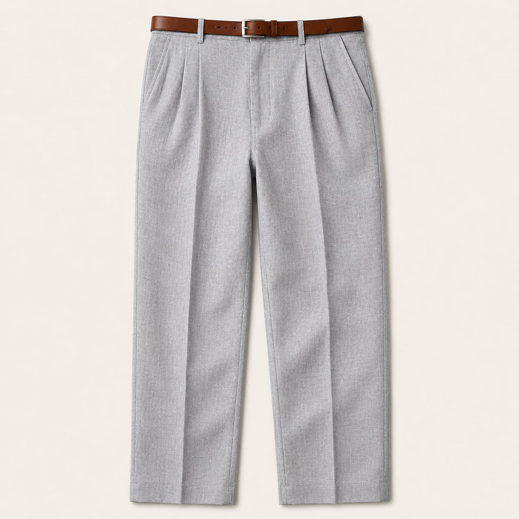 Men's light gray vintage pleated straight pants with belt loops and button closure