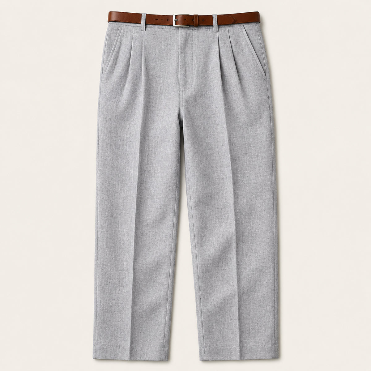 Men's light gray vintage pleated straight pants with belt loops and button closure