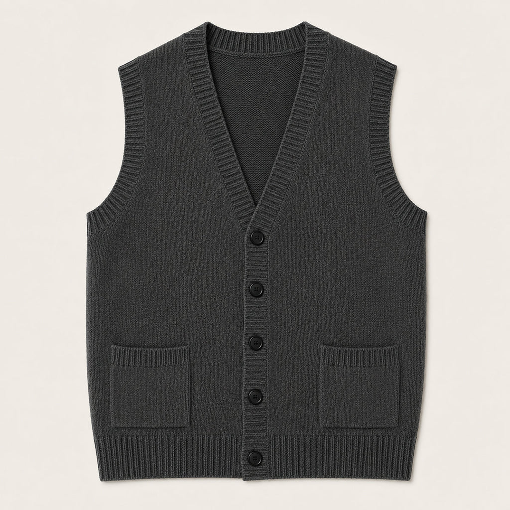 Dark gray knit button-front vest with V-neck and two front patch pockets