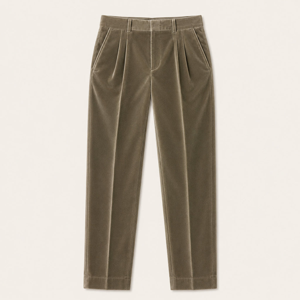 Men's olive khaki velvet straight-fit pants with belt loops and front crease
