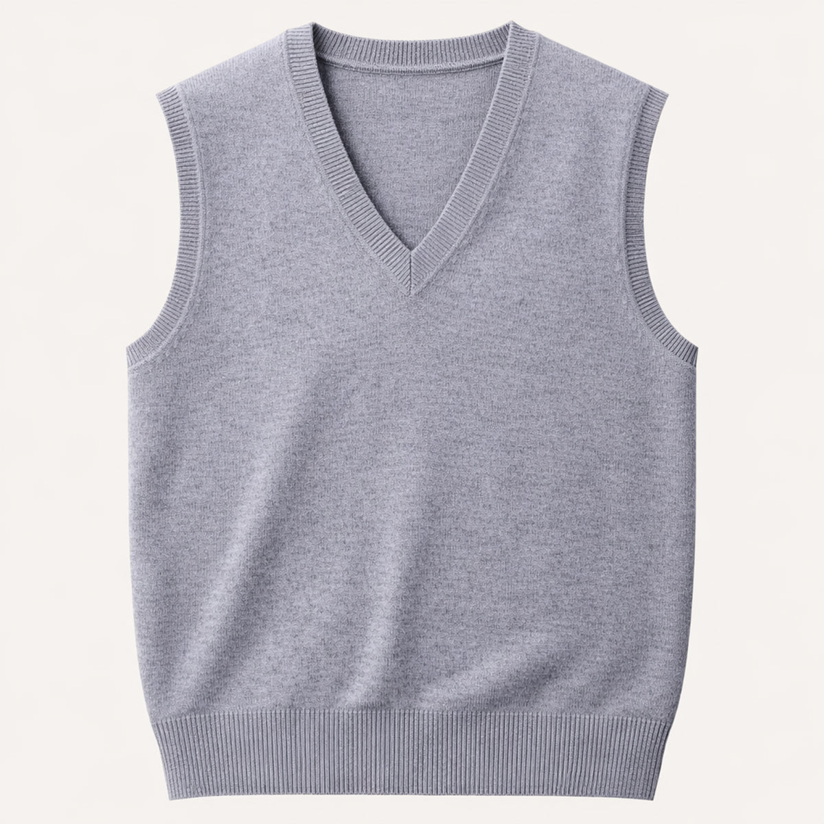 Men's V-neck sleeveless knit sweater vest, light gray with ribbed trim
