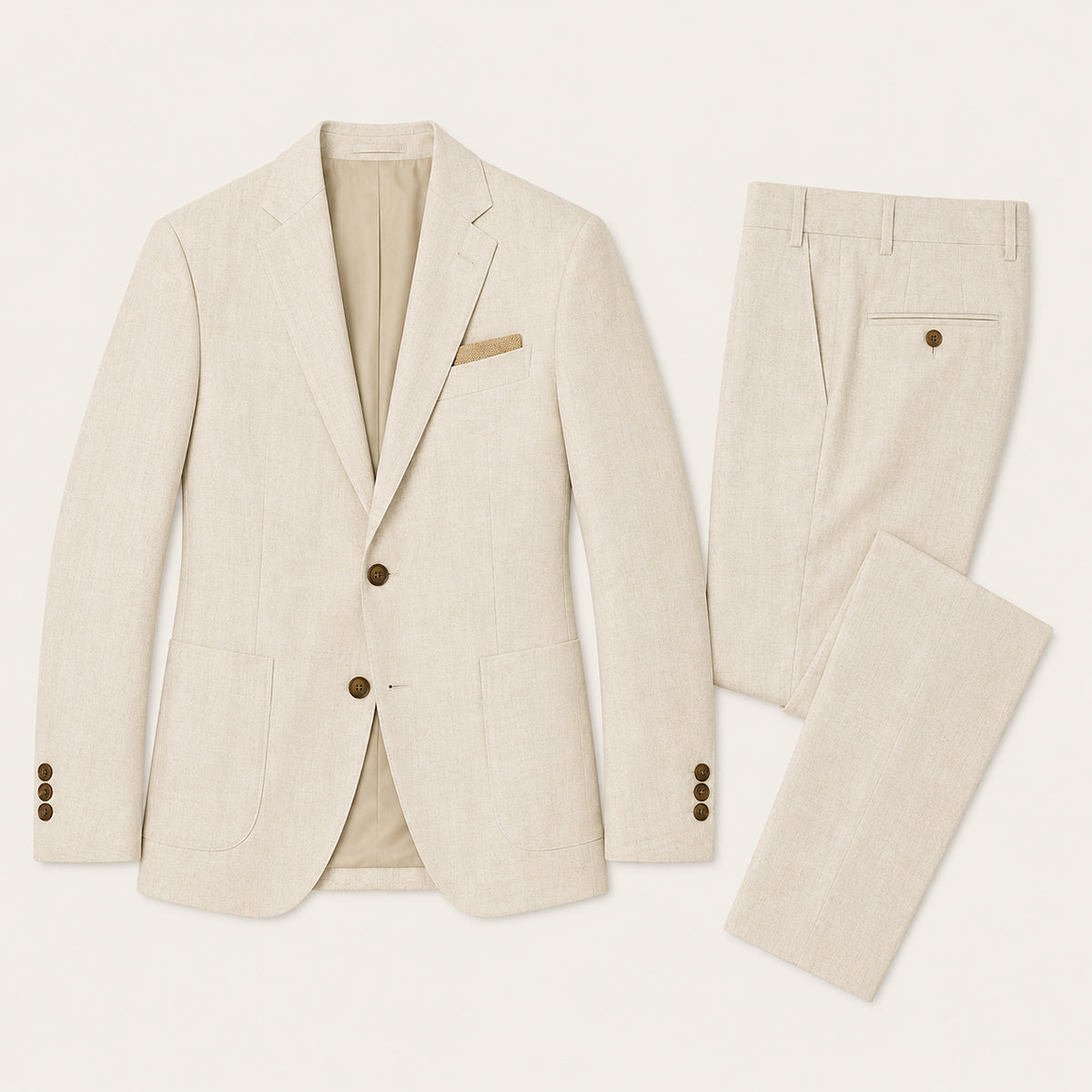 Beige two-piece slim fit suit set with matching blazer and trousers