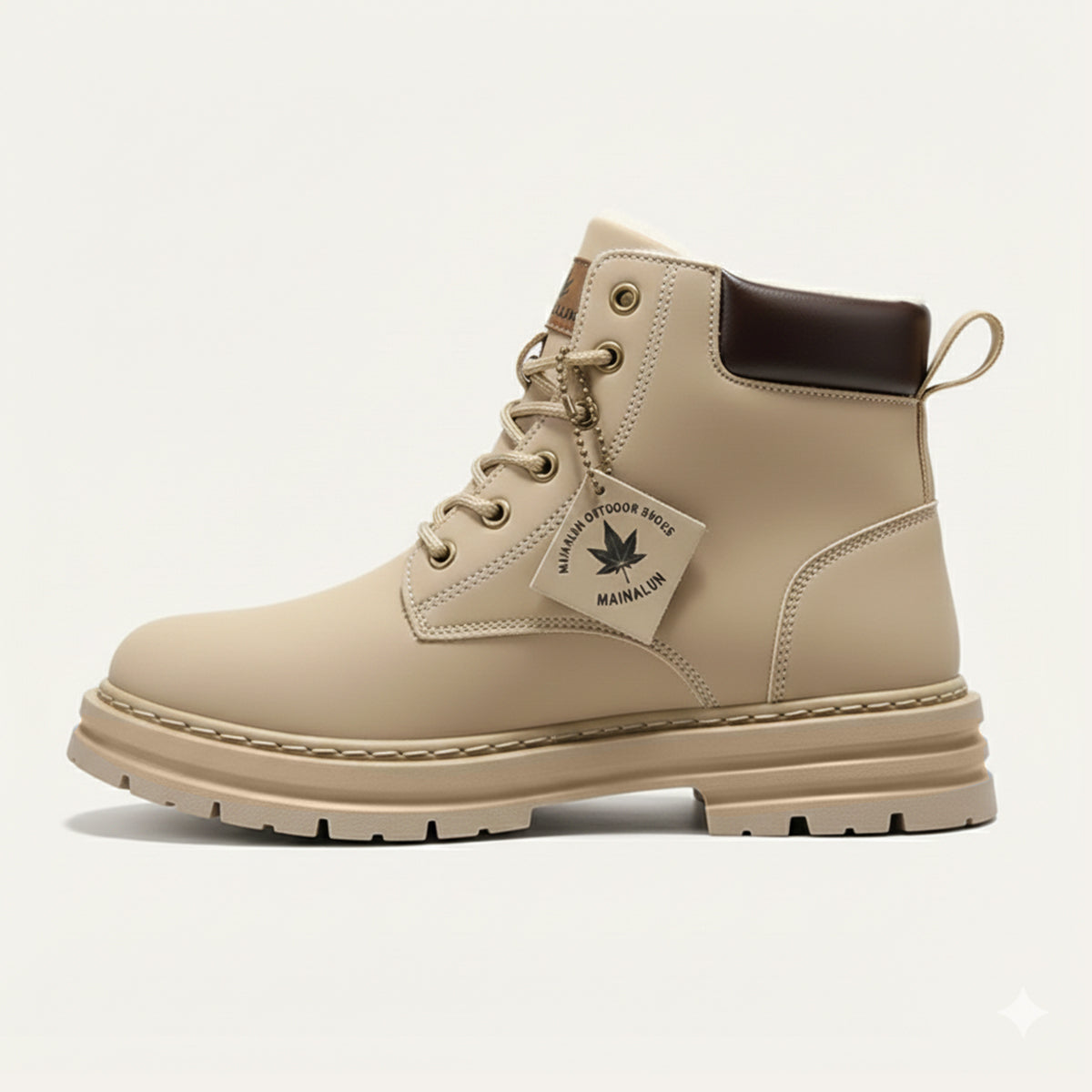 Men's beige fur-lined snow boots, lace-up ankle boot with padded collar and lug sole