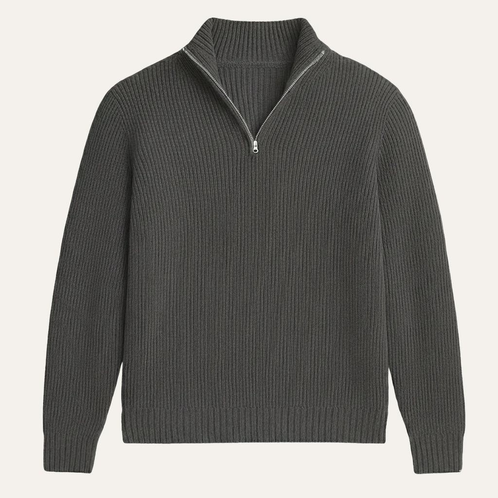 Men's cashmere half-zip sweater, dark charcoal ribbed knit with zip placket