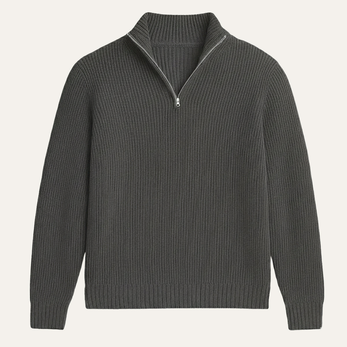 Men's cashmere half-zip sweater, dark charcoal ribbed knit with zip placket