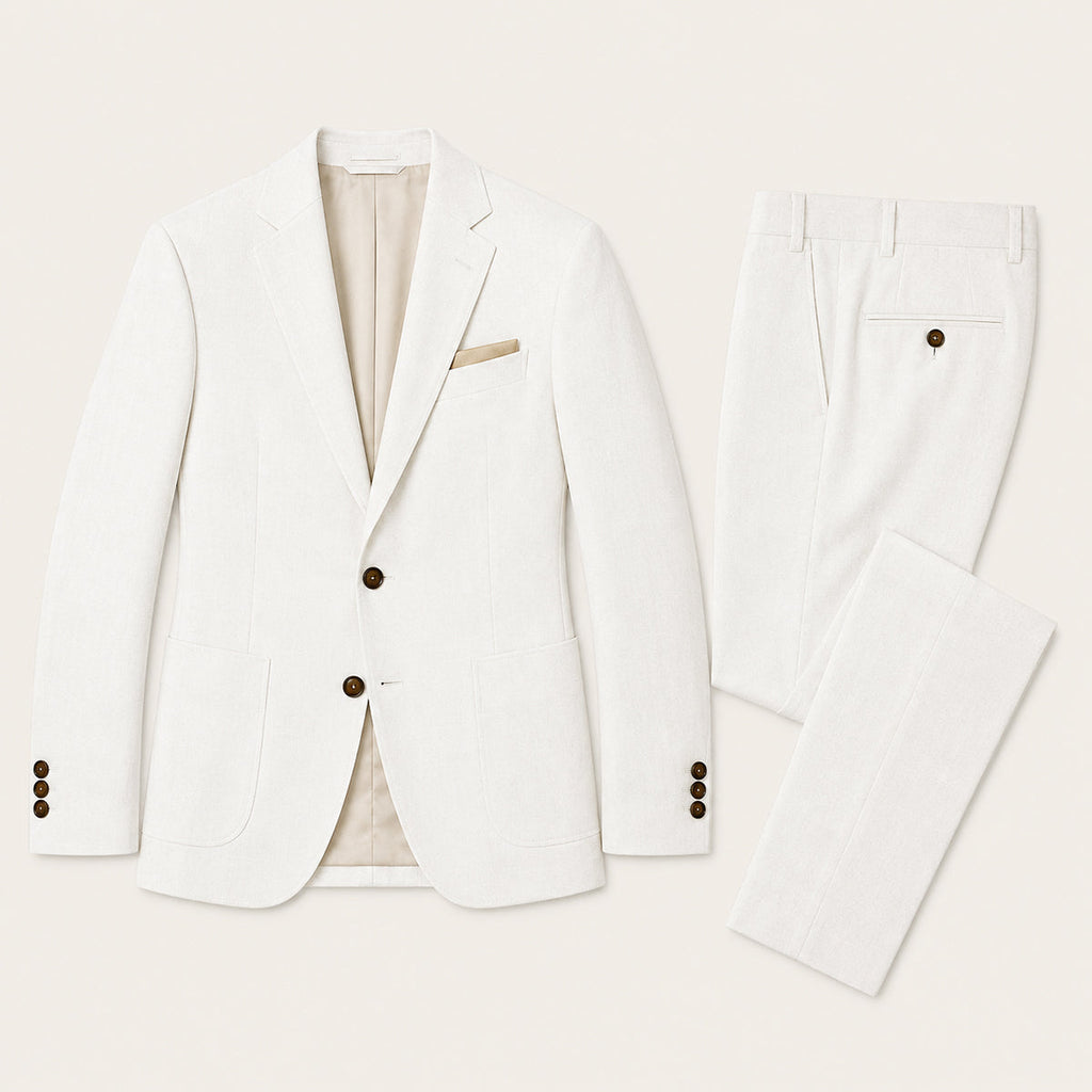 White two-piece slim fit suit set with matching blazer and trousers