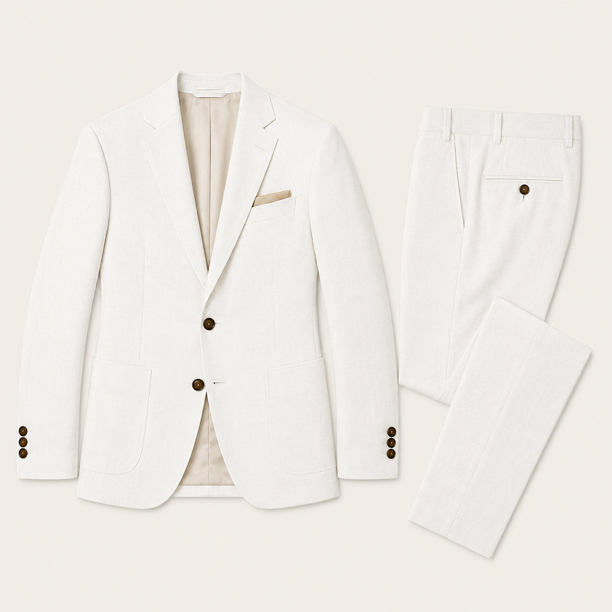 White two-piece slim fit suit set with matching blazer and trousers