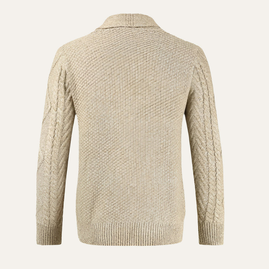 Men's beige cashmere cardigan, back view with cable knit pattern and ribbed hem