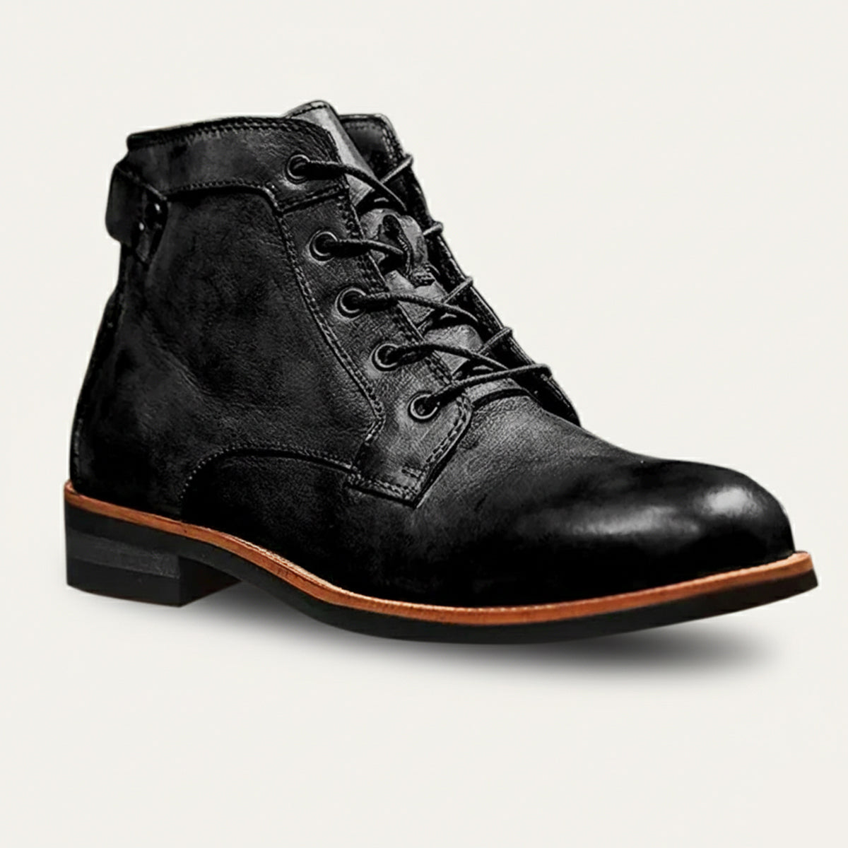 Men's black lace-up faux leather ankle boots with round toe and low block heel