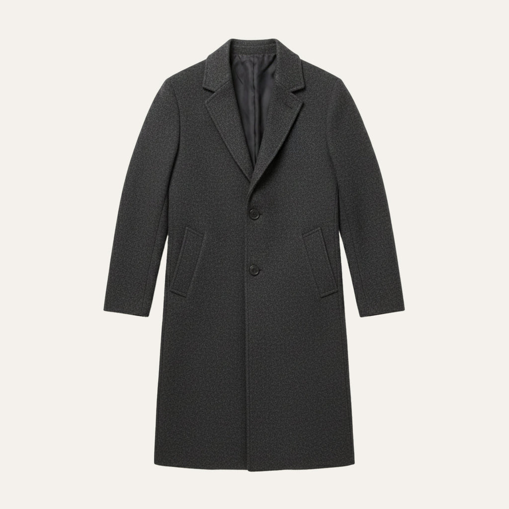 Men's cotton winter overcoat, dark gray, notched lapels, single-breasted with buttons