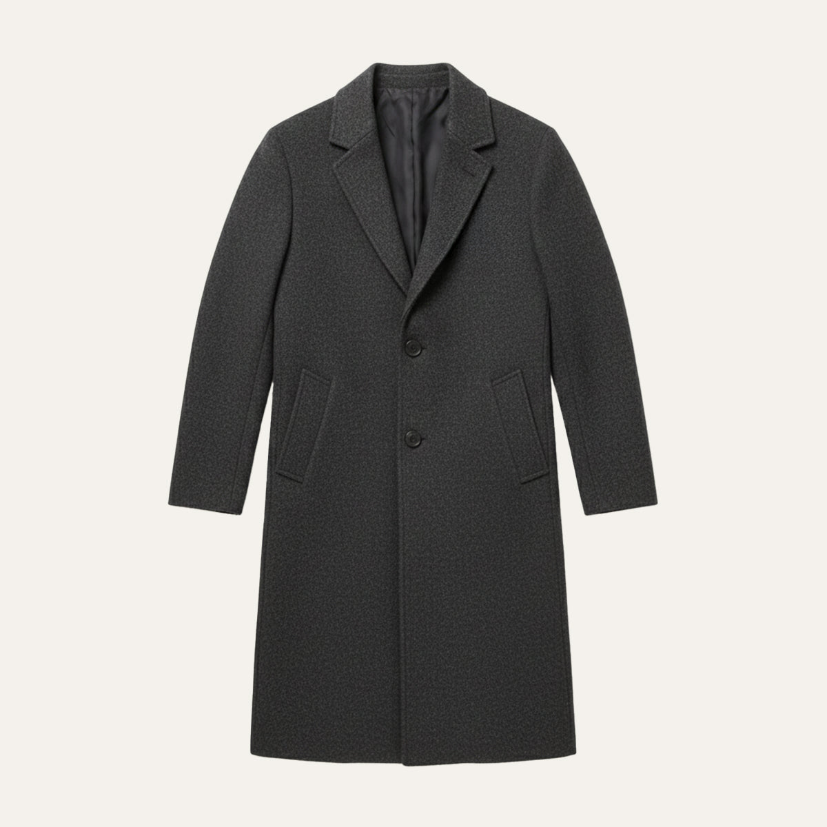 Men's gray wool overcoat with notched lapels, 3-button front, side pockets