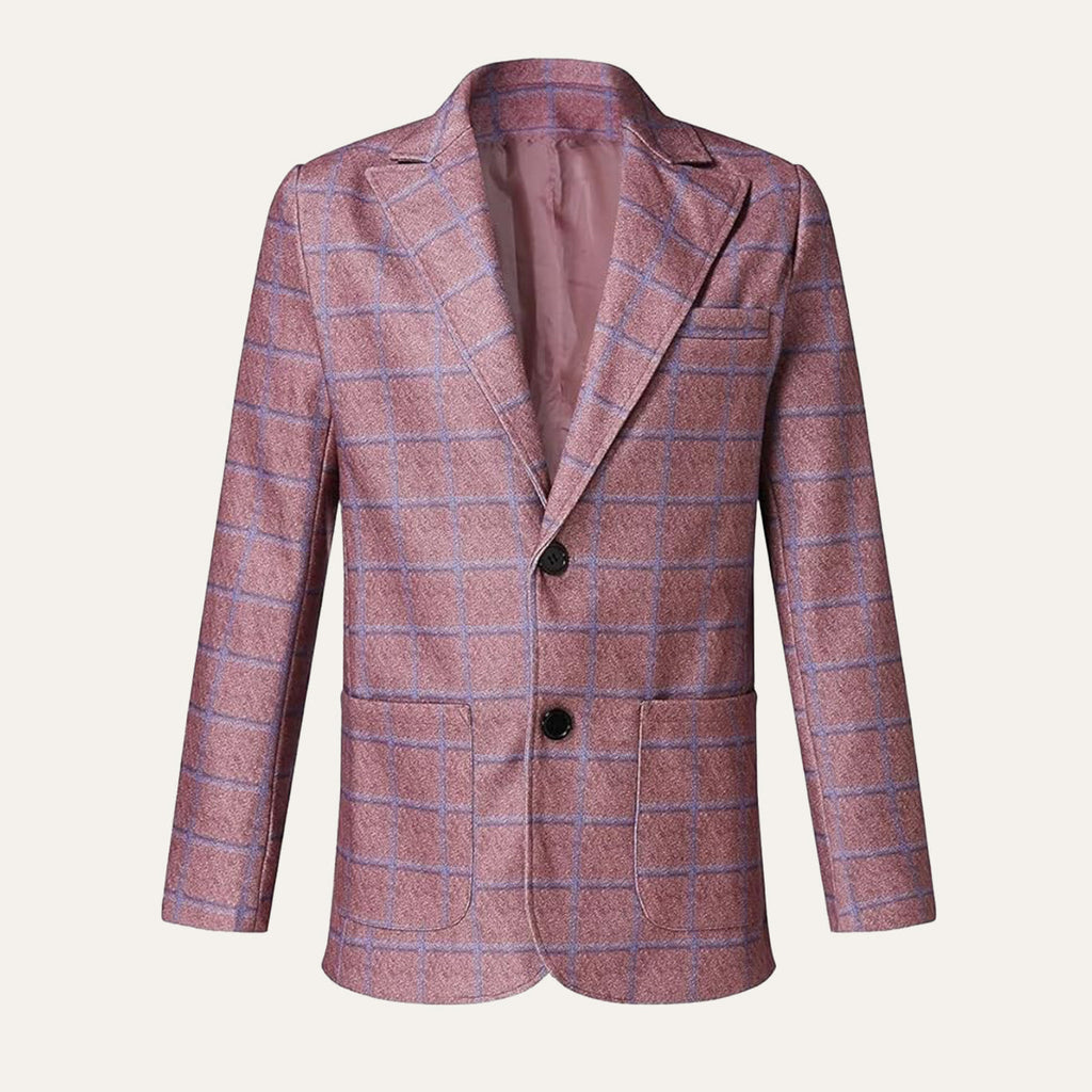 Men's burgundy plaid double-breasted blazer, notched lapels and buttoned front