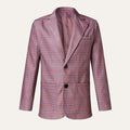 Men's burgundy plaid double-breasted blazer, notched lapels and buttoned front
