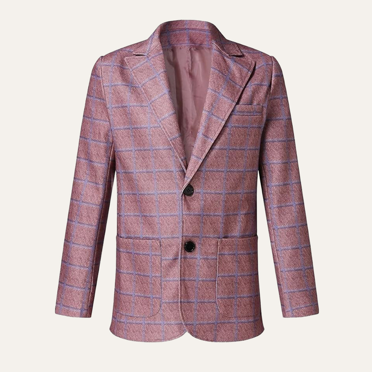 Men's burgundy plaid double-breasted blazer, notched lapels and buttoned front