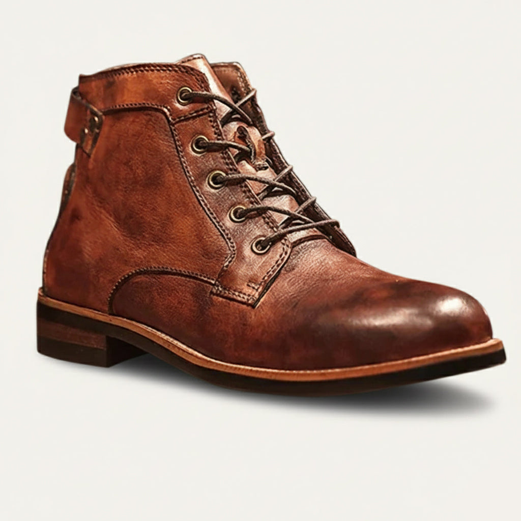 Men's brown lace-up faux leather ankle boots with round toe and low block heel
